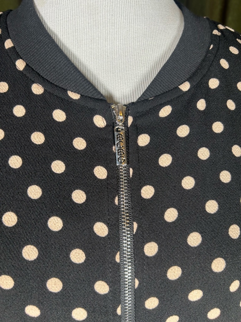 BCBGMAXAZRIA Polka Dot Mixed Media Bomber Jacket Sheer Sleeves - Picture 5 of 6